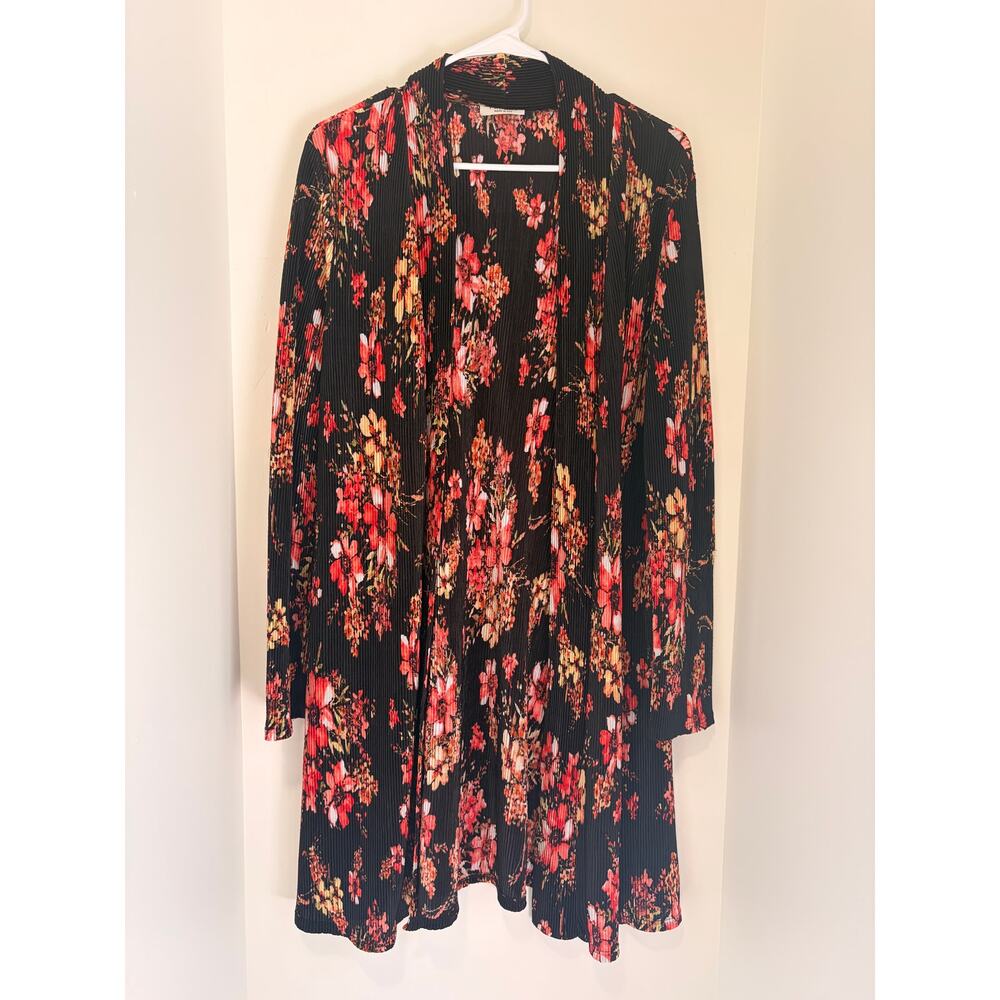 Frumos Floral Pleated Duster Cardigan Black Red Pink Boho Open Front M - Picture 3 of 6